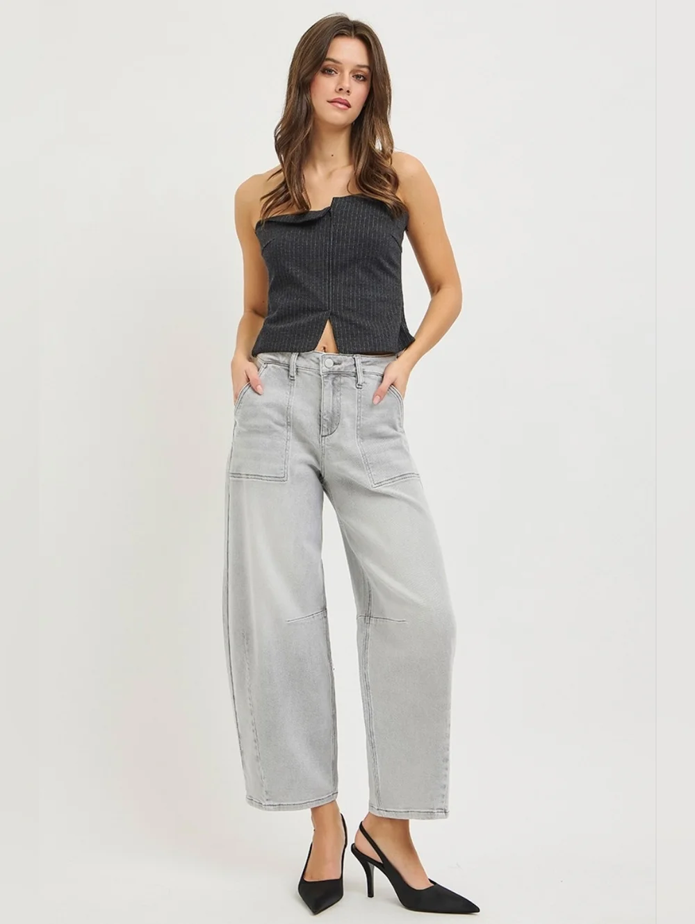 RISEN High Rise Slouchy Barrel Jeans Grey Stretch Neutral Ankle Various NEW - Picture 1 of 15